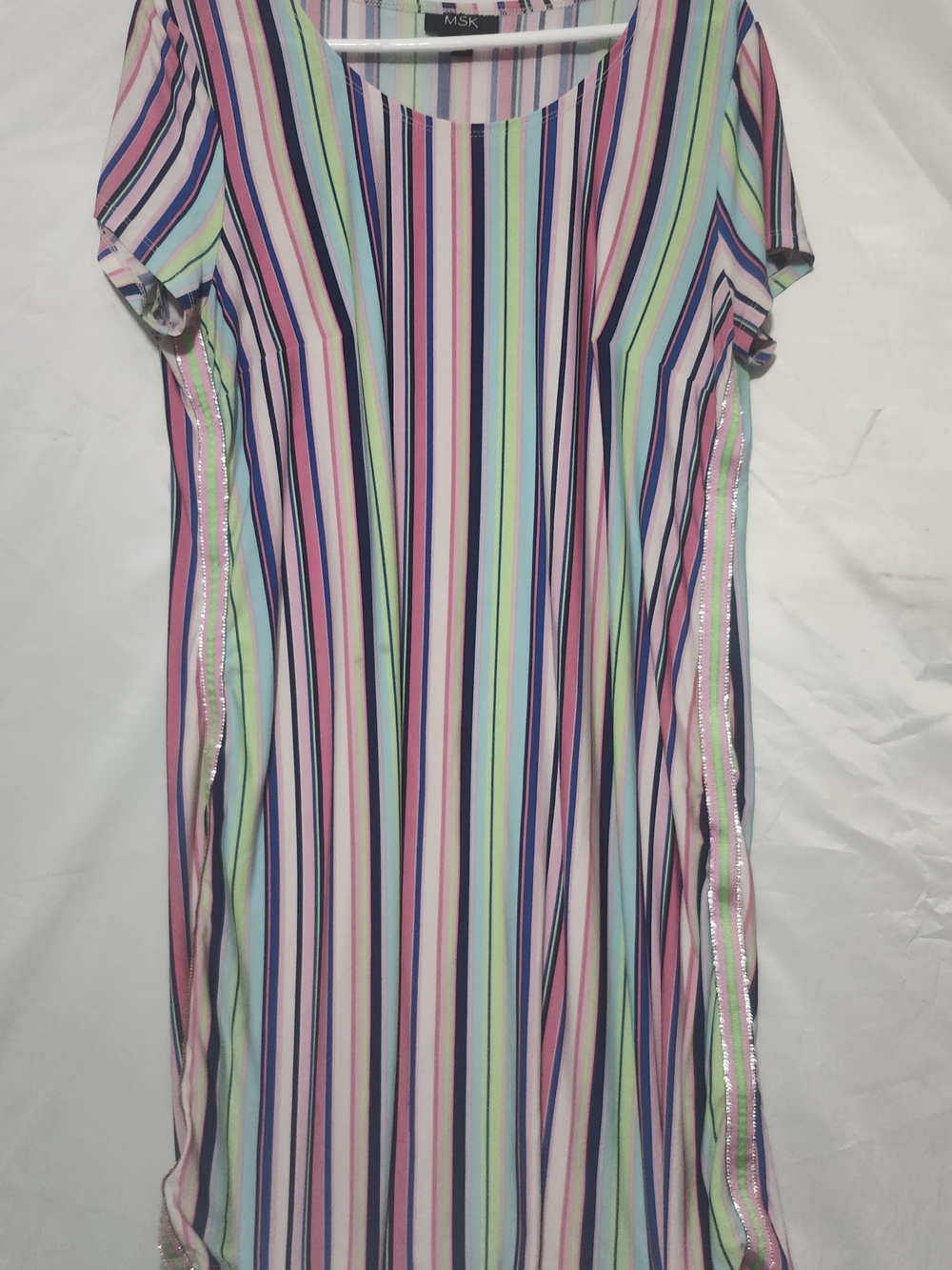 MSK Striped Shift Dress Womens Large Colorful Pastels Rhinestone Trim Short Slee